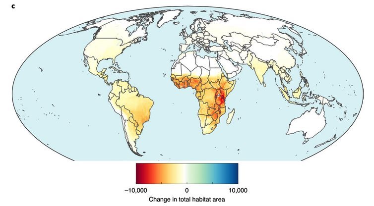Projected changes in total habitat (mean habitat loss in a cell multiplied by the number of species present) caused by agriculture expansion by 2050. Note the concentrations in East and West Africa. Williams & Clark et al 2020