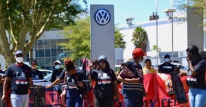 Workers protest outside Volkswagen South Africa’s main plant on Wednesday. They were demanding that 14 fired shop stewards be reinstated. Photo: Thamsanqa Mbovane/ GroundUp