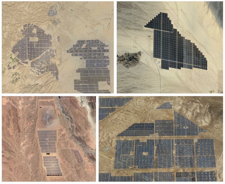 Clockwise from top left: Bhadla solar park, India; Desert Sublight solar farm, US; Hainanzhou solar park, China and Ouarzazate solar park, Morocco. Google Earth, Author provided