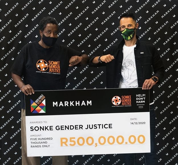 L-R: Executive director for the Sonke Gender Justice Organisation Bafana Khumalo; Markham’s head of marketing Nicol Rademeyer