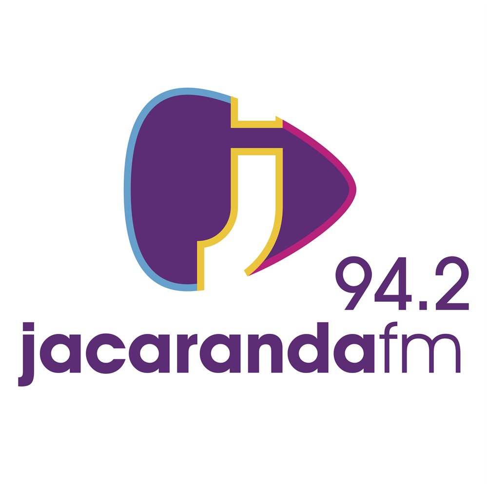 Jacaranda FM logo incorporating plectrum icon and colour palette