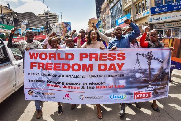 Kenyan journalists and members of civil society marching on the World Press Freedom Day in 2018. Suleiman Mbatiah/AFP via Getty Images