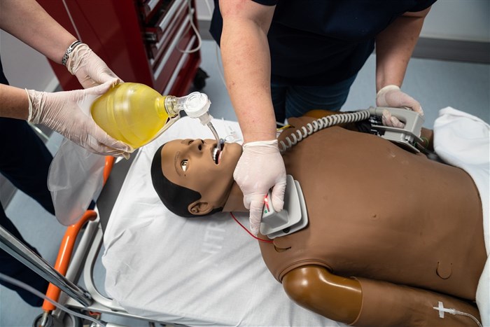 Defibrillation exercise on a high-fidelity simulator<br>Image: Supplied
