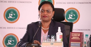Judge Martha Koome attends the interview for the post of Chief Justice at the Supreme Court building in Nairobi, Kenya - 14 April 2021. Image ©: Zakheem Rajan/Judicial Service Commission/Handout via REUTERS
