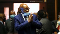 South Africa's former President Jacob Zuma, who is facing fraud and corruption charges, greets supporters in the gallery of the High Court in Pietermaritzburg, South Africa, May 17, 2021. Reuters/Rogan Ward