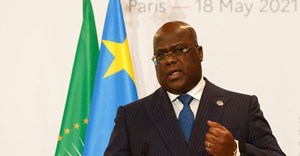 African Union president and president of Congo Democratic Republic Felix Tshisekedi speaks during a joint news conference at the end of the Summit on the Financing of African Economies in Paris, France May 18, 2021. Ludovic Marin/Pool via Reurters//File Photo