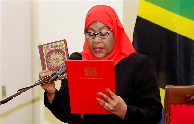 Tanzania's President Samia Suluhu Hassan takes the oath of office after the death of predecessor John Magufuli, in Dar es Salaam, Tanzania. Source: Reuters