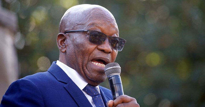 South Africa's former President Jacob Zuma, who faces fraud and corruption charges, speaks to supporters after appearing at the High Court in Pietermaritzburg, South Africa, 17 May, 2021. Reuters/Rogan Ward/File Photo