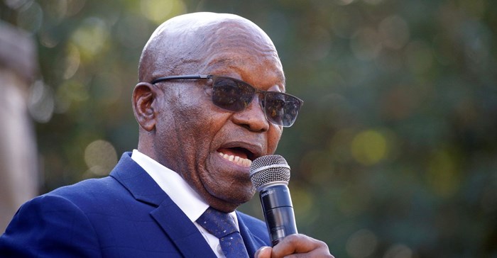 Former president Jacob Zuma, who faces fraud and corruption charges, speaks to supporters after appearing at the High Court in Pietermaritzburg, South Africa, 17 May 2021. Reuters/Rogan Ward/File Photo