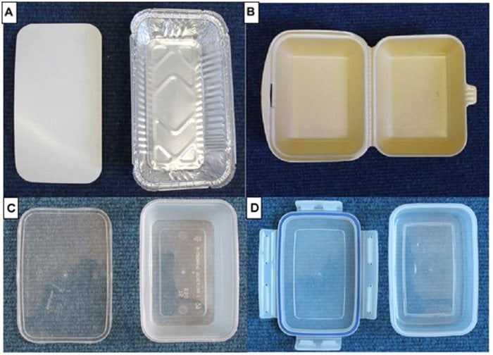 A: aluminium (single-use); B: Extruded polystyrene (Styrofoam; single-use); C: Polypropylene (single-use); D: Polypropylene (reusable). | Source: Author provided