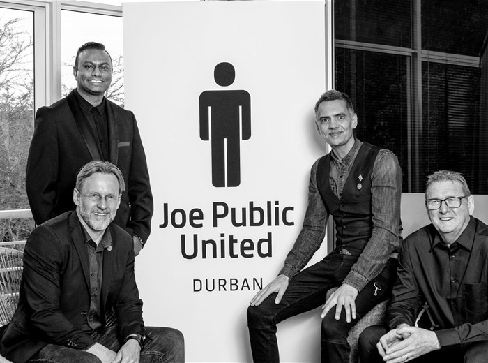 Gareth Leck and Pepe Marais welcome the new Joe Public United Durban leadership team, Clive McMurray and Brandon Govender.