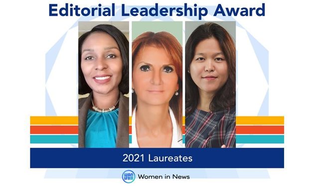 Laureates of the WIN Editorial leadership Award 2021. L to R: Edyth Kambalame, Samia Nakhoul and Nyein Nyein Naing.