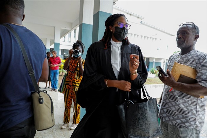 Julia Selman Ayetey, lawyer for the 21 people, who where detained by police and accused of unlawful assembly and promoting an LGBTQ agenda, speaks to journalists at the Ho Circuit Court in Ho, Volta Region, Ghana 4 June 2021. Reuter/Francis Kokoroko/File Photo