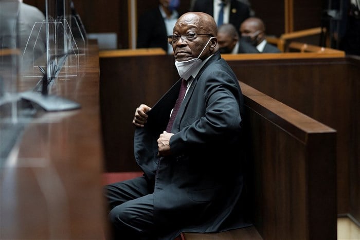 Former South African President Jacob Zuma sits in court during his corruption trial in Pietermaritzburg, South Africa, 26 October 2021. Jerome Delay/Pool via Reuters
