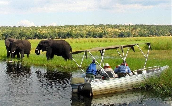 Foreign tourists in safari riverboats observe elephants along the Chobe river bank near Botswana's northern border where [Zimbabwe, Zambia and Namibia] meet in this file picture