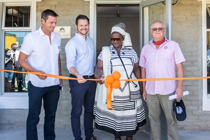 From left to right: Marketing director and shareholder of the Val de Vie Group Ryk Neethling, Ivan Swartz, Good Hope Day Care Centre mabager Xoliswa Mjezu and Jeff Spinks. | Photo: Daniel Saaiman