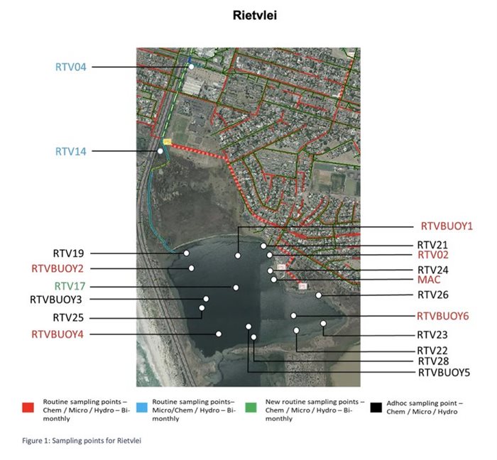 Map of Rietvlei and the sampling points used in the City of Cape Town’s water tests. | Source: City of Cape Town.