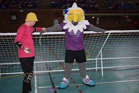 The NWU mascot, Eagi, is eager to learn about goalball