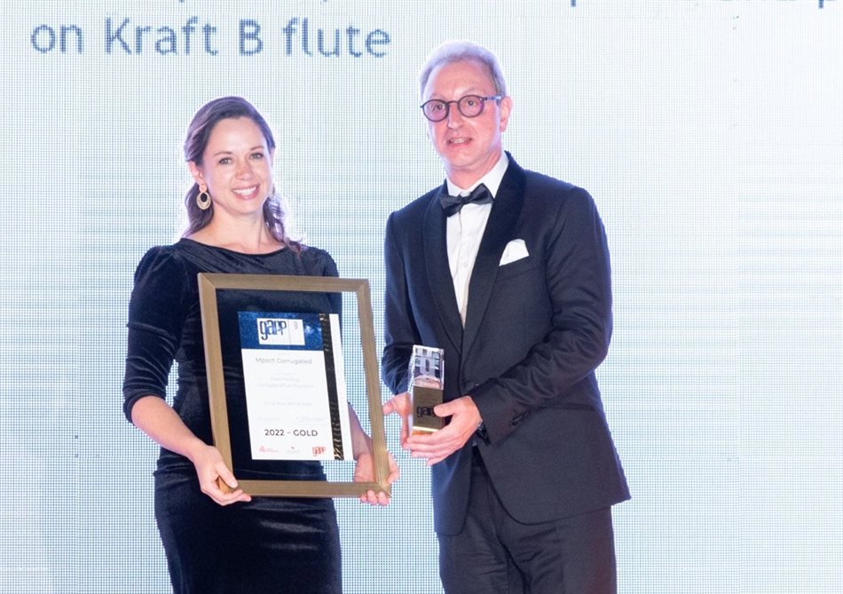GOING FOR GOLD: Mpact Corrugated was named champion in its category at the 2022 GAPP Awards, held in Johannesburg on March 25. Mpact Marketing Manager: Paper Converting Carla Breytenbach received the awards from Michael Aegenvoort, CEO of Rotocon.