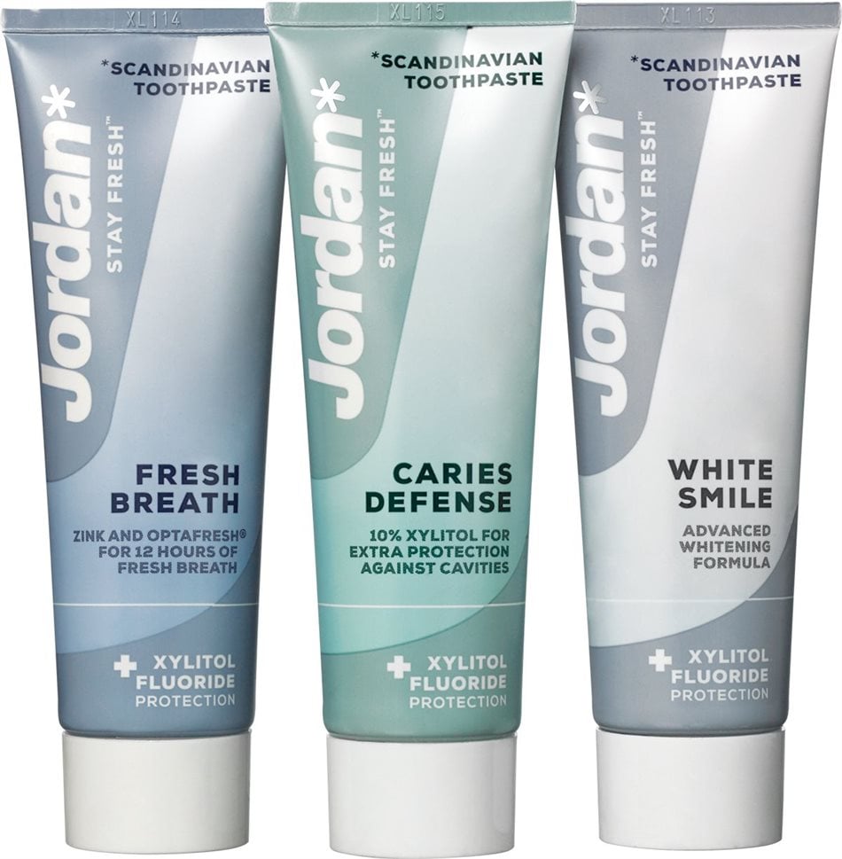 Recyclable toothpaste tubes with Jordan's new packaging and formulation