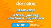 Great news: The Registry has dropped the renewal price on .africa, .joburg, .durban and .capetown domains to R90* p/y