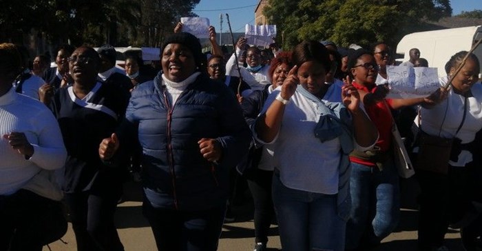 Source: Mkhuseli Sizani. Nurses and nursing assistants at six hospitals and clinics in the Raymond Mhlaba local municipality, Eastern Cape protesting, demanding to be paid a R1,200 rural allowance.