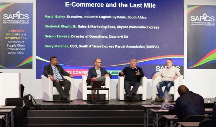 Sapics Conference panelists Diederick Stopforth, Nelson Teixeira, Garry Marshall and Martin Bailey discuss e-commerce and the last mile. Source: Supplied