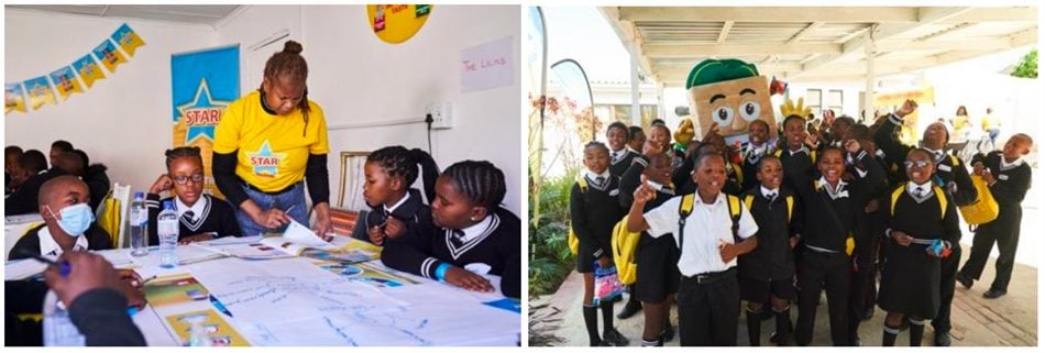 Learners and camp facilitators from Mdantsane (left) and Queenstown (right) take a moment to celebrate their achievements at the end of another successful Yondla Ikamva Holiday Camp course.