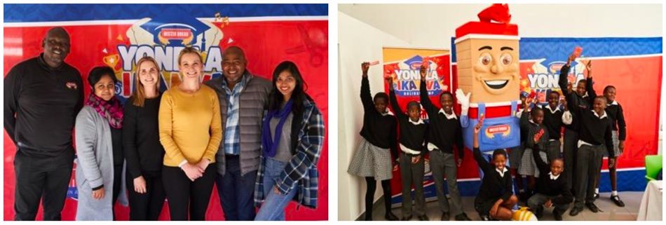 The Premier team (left) and Mthatha learners take a moment to celebrate their achievements with Menzi, the Mister Bread mascot (right) at the end of another successful Yondla Ikamva Holiday Camp course.