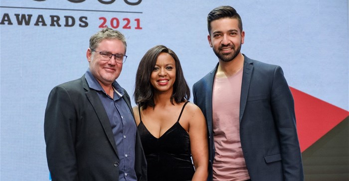 Image supplied. 2022 AdFocus chair Faheem Chaudhry (right) with 2020/21 AdFocus jury chair, Tumi Rabanye (centre) and Rob Rose, FM editor (left)