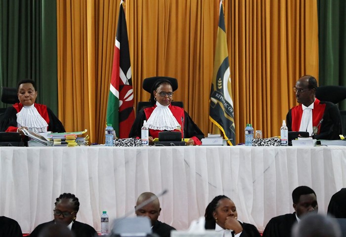 Image: Kenya's Supreme Court judges led by Chief Justice Martha Koome flanked by her deputy, Philomena Mwilu and Supreme Court judge Mohammed Ibrahim attend the final hearing day over a petition seeking to invalidate the outcome of the recent presidential election, at the Supreme Court in Nairobi, Kenya 2 September 2022. Reuters/Thomas Mukoya