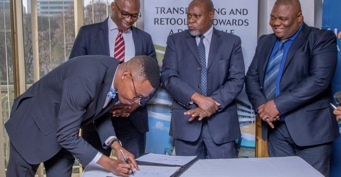 Source: Supplied. Nathaniel Nyika, chief investment officer of Norsad Capital; Kenny Nwosu, chief executive officer of Norsad Capital; Thomas Sakala chief executive officer of IDBZ and Dr Reggie Dangarembwa head of credit and policy.
