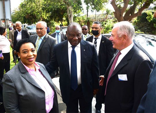 Sir Nigel Rudd, chairman of the Sappi Limited board, welcomes His Excellency President Cyril Ramaphosa and the Premier of KwaZulu-Natal, Ms Nomusa Dube-Ncube, to the Sappi Saiccor Mill