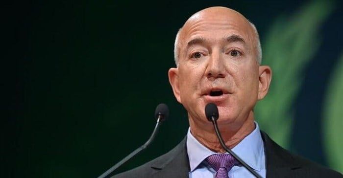 Amazon CEO Jeff Bezos speaks during the UN Climate Change Conference (COP26) in Glasgow, Scotland, Britain, 2 November 2021. Paul Ellis/Pool via Reuters