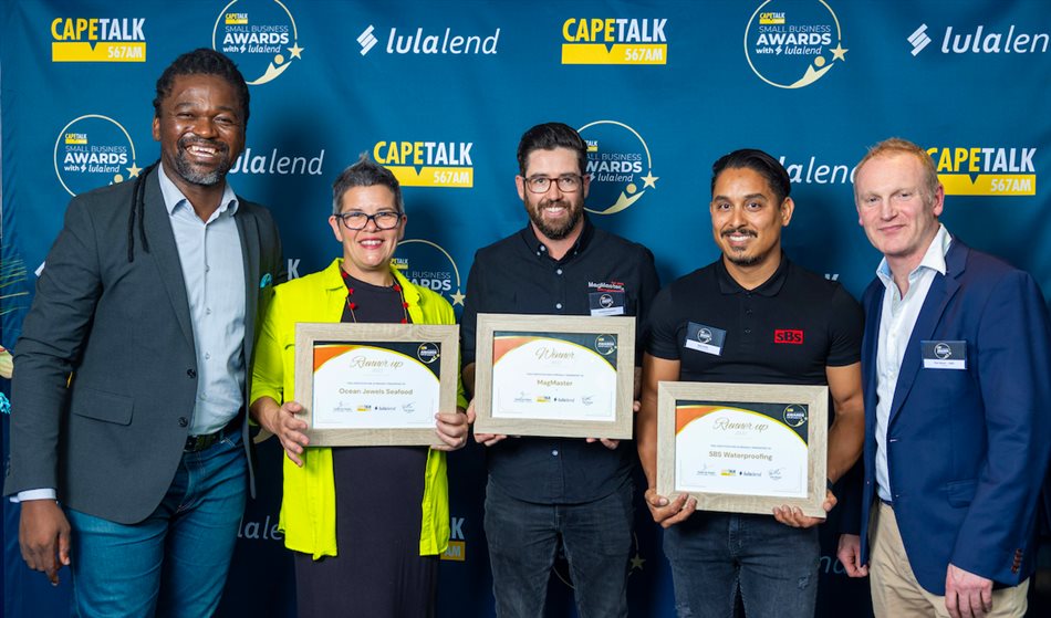 L-R: Africa Melane (CapeTalk), Julie Carter (runner-up: Ocean Jewels), Jonathan Cerqueira (winner: MagMaster), Ryan Smith (runner-up: SBS Waterproofing) and Tom Stuart (Lulalend).