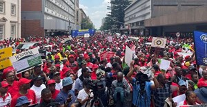 Workers from public sector unions affiliated to three federations marched to the National Treasury in Tshwane on Tuesday demanding that the government revise its 3% wage increase. Photo: Chris Gilili / GroundUp