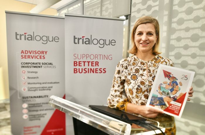 Trialogue director, Cathy Duff, at the launch of the publication themed '‘Looking back, looking forward'.
