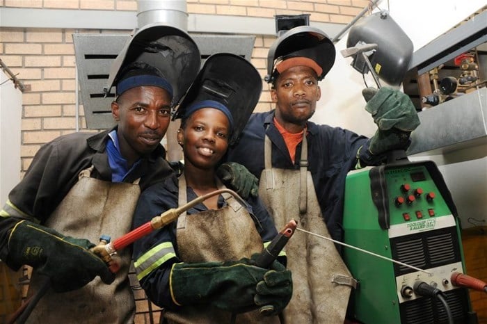 Source: Supplied | From left to right: Kwayiyo Mavuso, Lusanda Marwalana and Mzoleni Kosana. With the assistance of the Coega SDC, these are one of the learners who are benefiting from the shielded metal arc fillet welding programme.