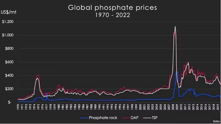 Prices spiked in 2008 and again over the past year. DAP and TSP are two of the main fertilisers extracted from phosphate rock. Dana Cordell; data: World Bank, Author provided