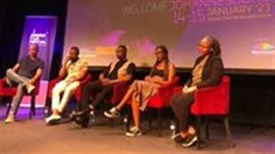 In-depth panel discussion with the team behind Fak’ugesi Festival. L to R: Isaak Mogajane; Sthembiso Mphehla; Mogau Kekana; Lola Aikins and Nompi Vilakazi.