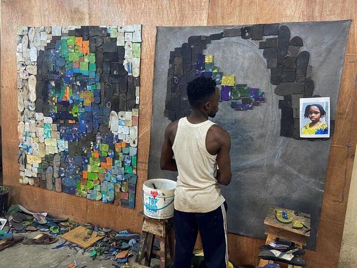 Image: Nigerian artist Eugene Komboye creates artworks using discarded plastic flip-flop sandals in his studio in Abeokuta, Ogun state, Nigeria, 21 January 2023. Reuters/Seun Sanni