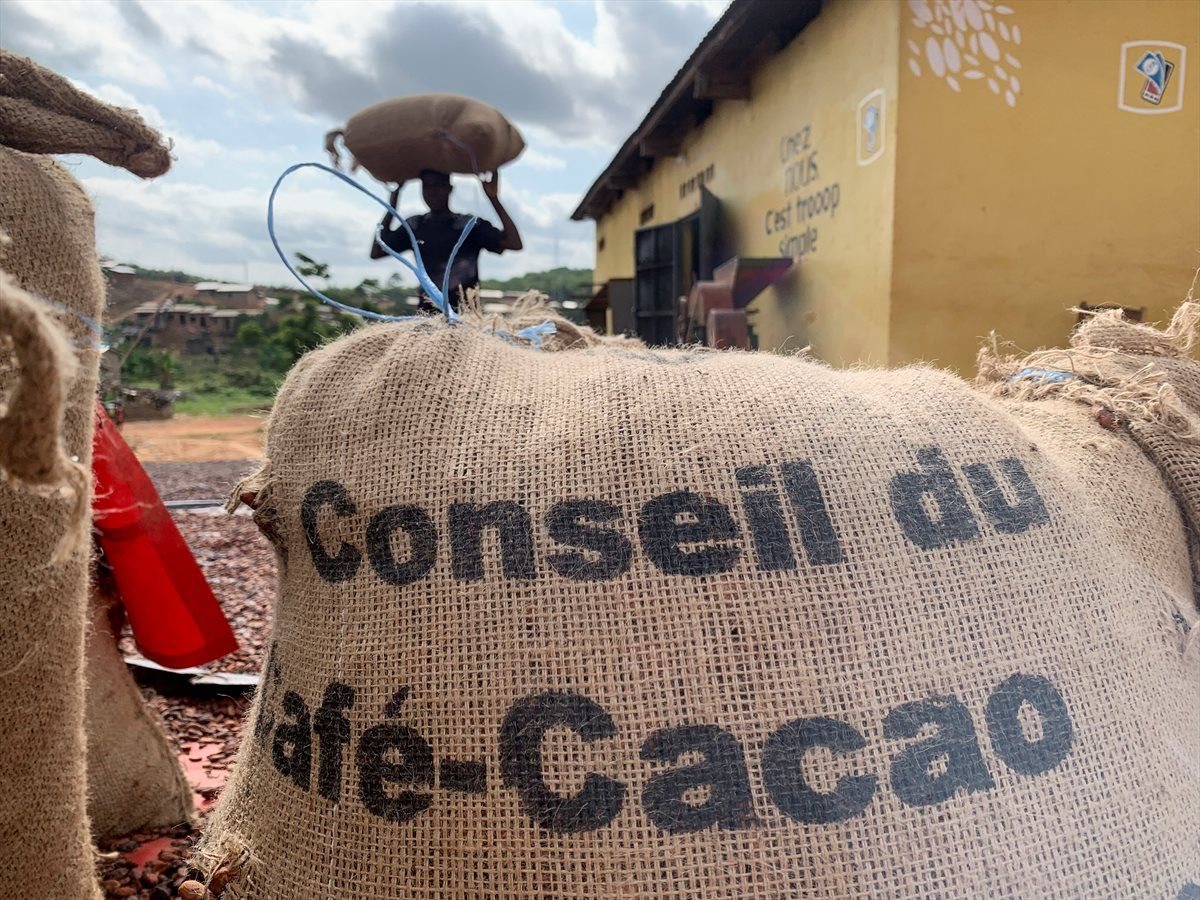 A worker carries a sack of cocoa beans in Gabeadji, a village of San-Pedro, Ivory Coast August 6, 2022. REUTERS/Ange Aboa
