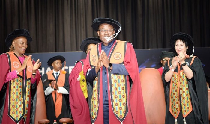 University of Johannesburg vice-chancellor and principal Prof. Letlhokwa Mpedi is officially robed. Image supplied