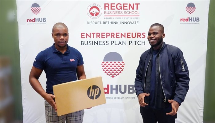 Regent Business School ILeadLab technician, Sizwe Madikizela with student Yousuf Majola who won third place in the Business Plan Pitch Competition with his gamers’ merchandise service.