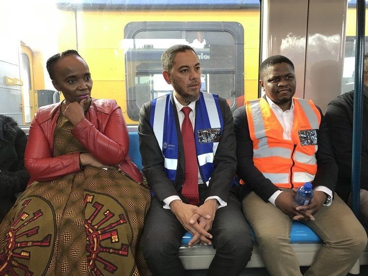 On the train: Minister of Transport Sindisiwe Chikunga, PRASA chief executive Hishaam Emeran, and chief executive of Gibela Train Consortium Hector Danisa. Photo: Tariro Washinyira