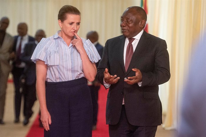 President Cyril Ramaphosa talks with the Prime Minister of Denmark Mette Frederiksen after their official talks with Prime Minister of the Netherlands Mark Rutte at the Sefako M. Makgatho Presidential Guesthouse in Pretoria. Source: Reuters/Alet Pretorius