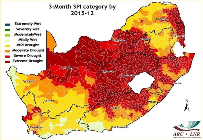 This figure shows which parts of the country were most affected by the 2015/16 El Nino event. Much of the central parts of the country, including the western maize production regions, experienced extreme drought conditions from October to December, while the north-eastern parts were less negatively affected<p>Photo credit: Johann Malherbe, ARC