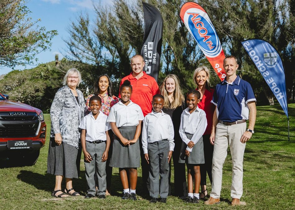 At the official launch of the fund-raising drive for the annual Algoa Cares Charity Golf Day in East London are, in front from the left, pupils Nikholwe Nyanda, Unamandla Gadu, Liqhame Totani, and Indalo Cotyi. Back row (left to right) Carol Waddell (Hope Schools fundraiser), Lesley Geyer (AFM marketing manager), Connor Thorp (Meyers Motors Isuzu sales manager), Natelie Kriel (Meyers Motors Isuzu marketing manager), Natalie Ristow (AFM account executive) and Nigel Raw (Hope Schools headmaster)&quot;