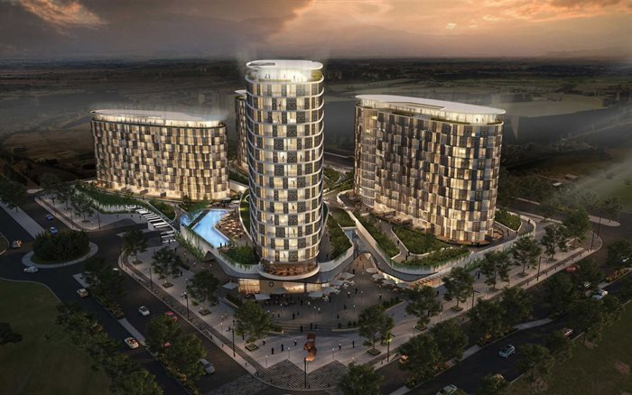 Ellipse Waterfall's four glass-fronted towers are named after astronomers Galileo, Cassini, Newton and Kepler. Source: Supplied