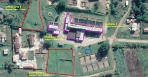 Overhead view of the Sundumbili water treatment works indicating the areas that could be used for ground and roof top solar panels. Source: Supplied